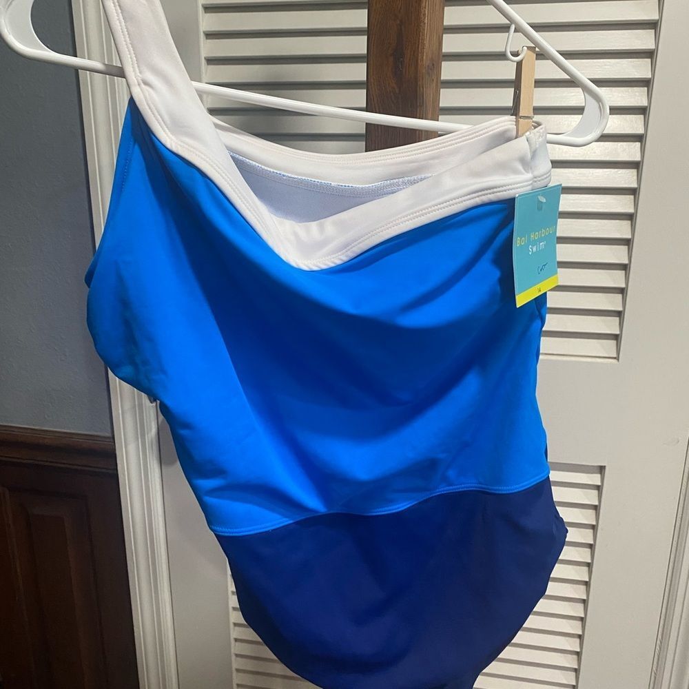 Blue and White One Piece Swimwear with Asymmetrical Neckline